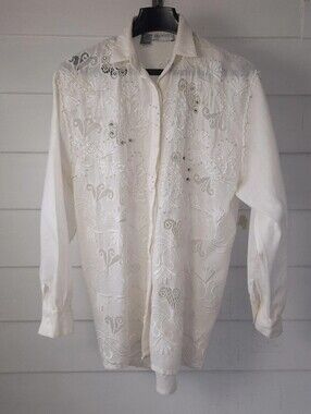 Vintage 1980s Pia Rucci White Linen Blouse Embroidered Beaded Rhinestone Floral